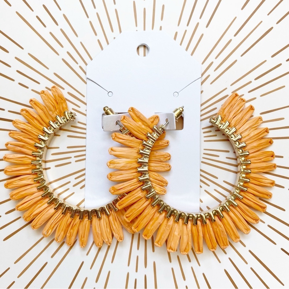 Boutique Orange Raffia Fan Hoop Earrings